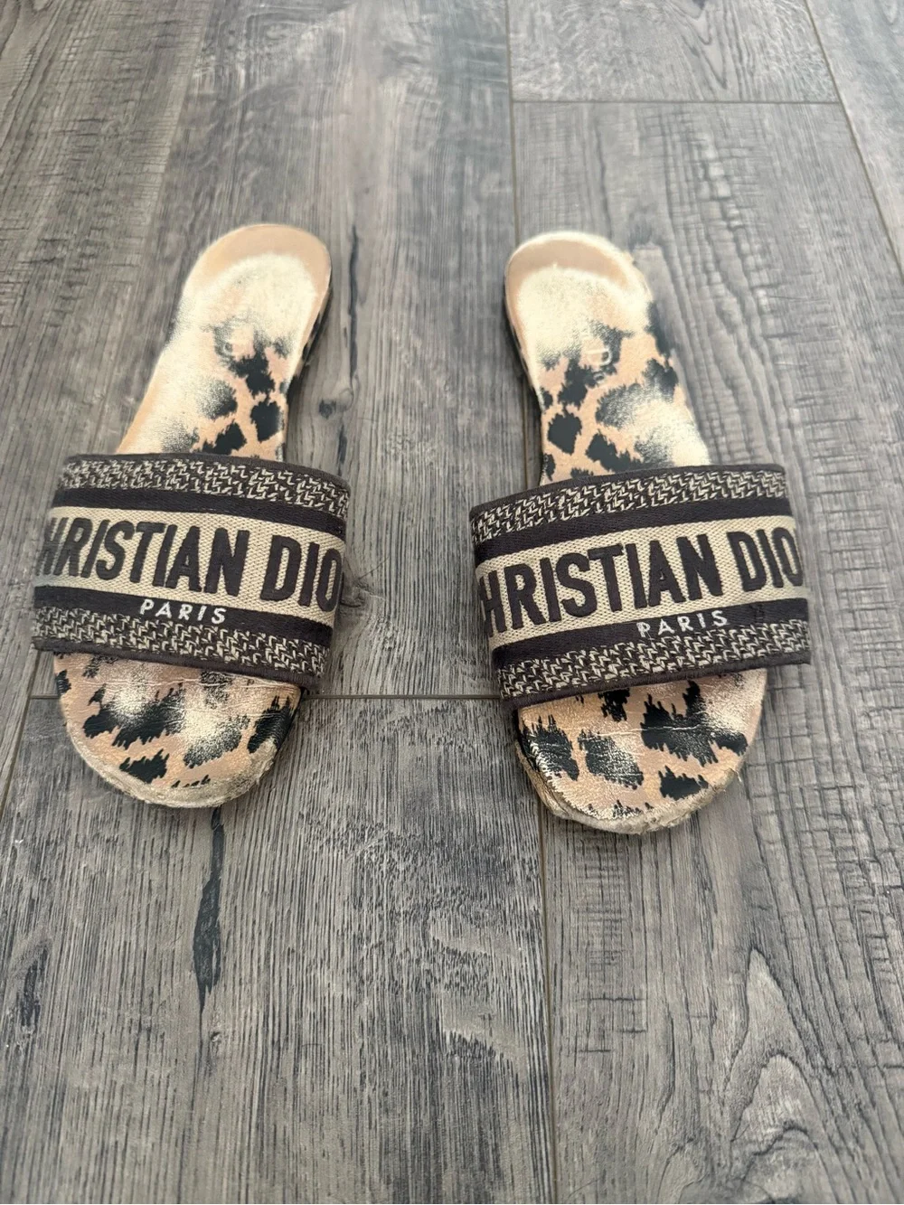 Dior Beige and Dark Brown Leopard Slide Sandals